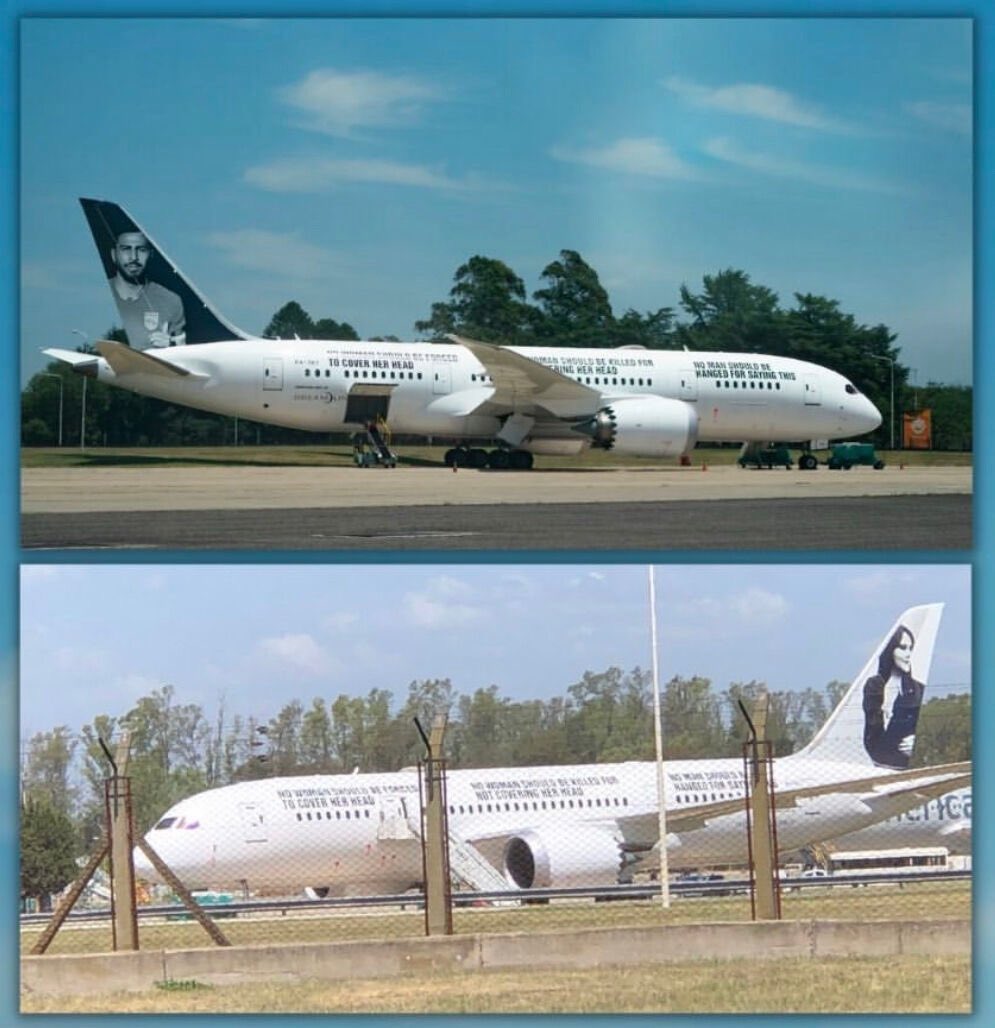 وێنەی ژینا ئەمینی لەسەر باڵی فڕۆکەی هەڵبژاردەی بەرازیل